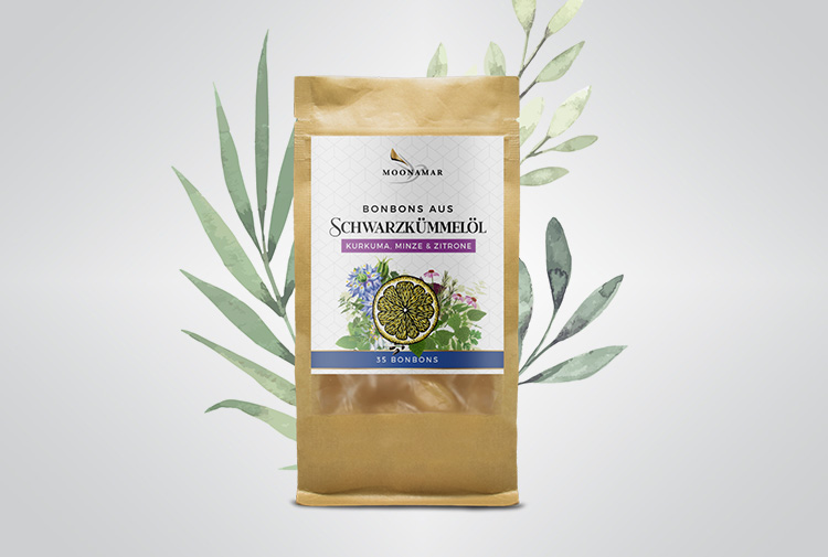 Caramelos de aceite de comino negro con cúrcuma, menta y limón, de la marca Moonamar